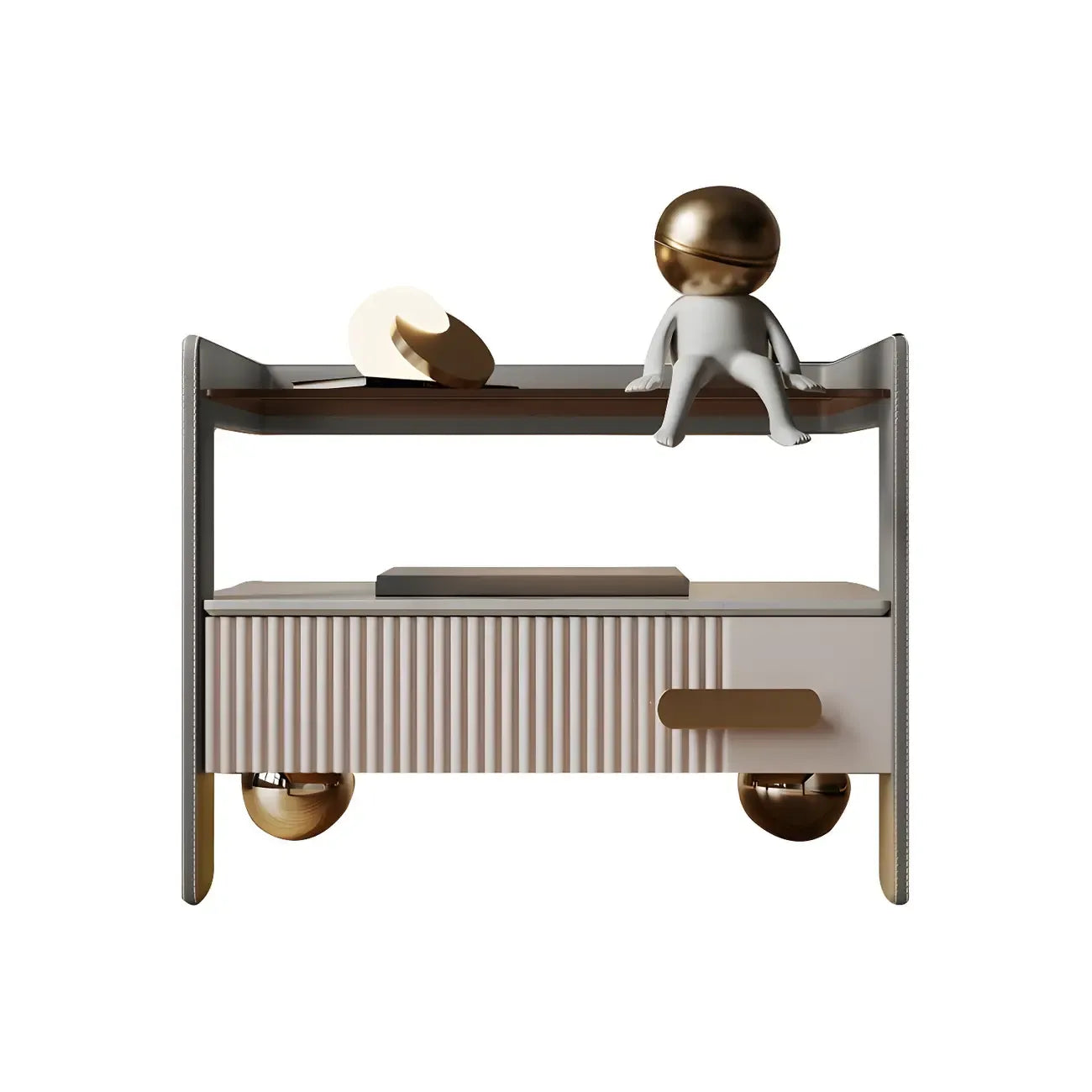 Table de chevet avec étagères et tiroirs ouverts en bois et éclairage LED