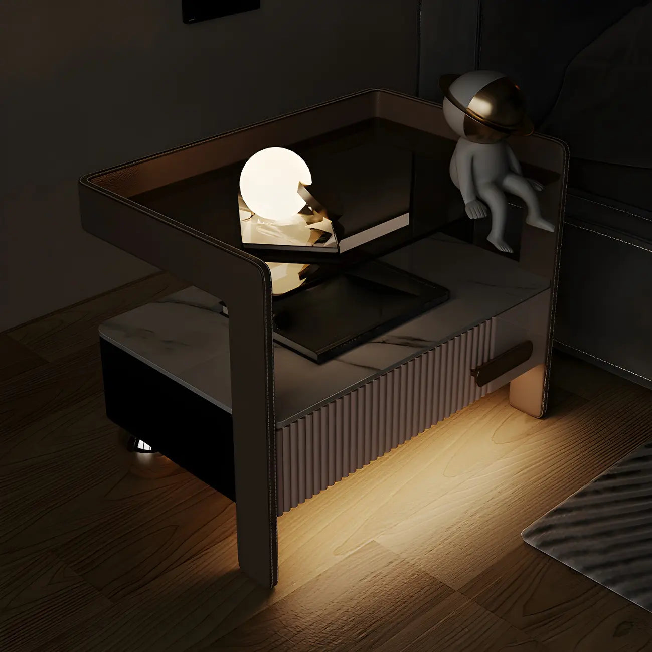 Table de chevet avec étagères et tiroirs ouverts en bois et éclairage LED