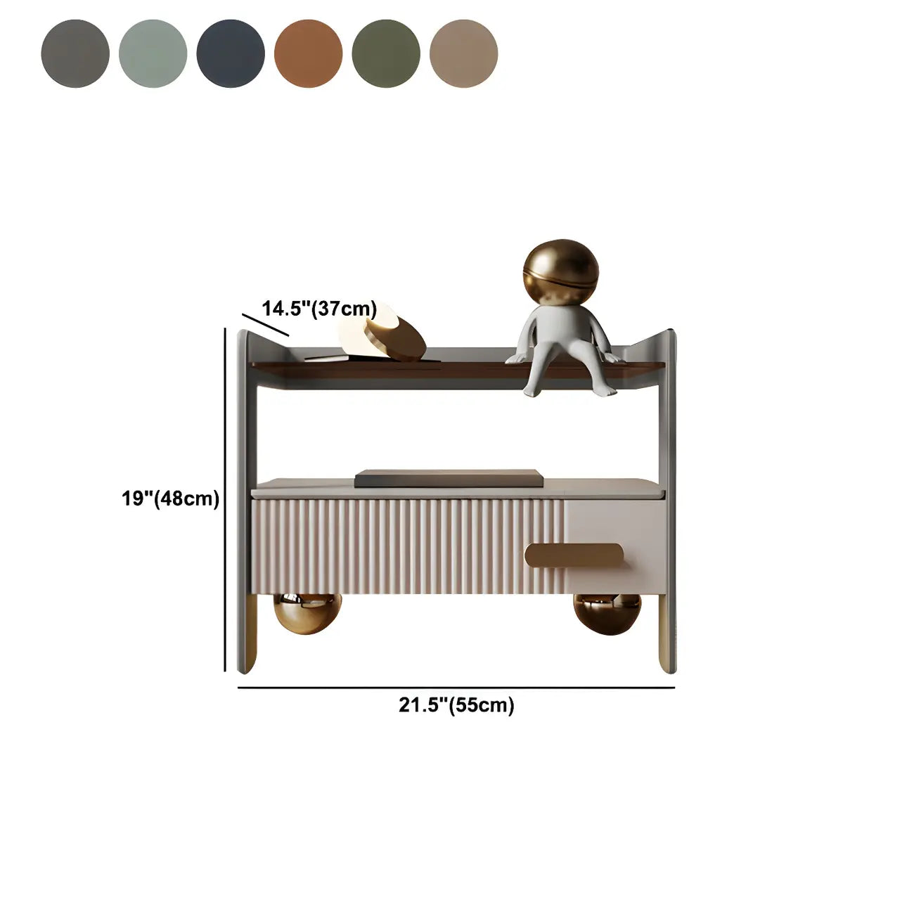 Table de chevet avec étagères et tiroirs ouverts en bois et éclairage LED
