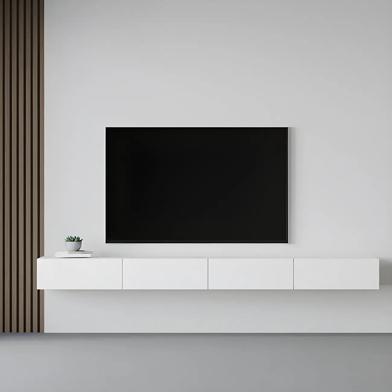 Meuble TV suspendu contemporain en bois blanc avec éclairage intégré