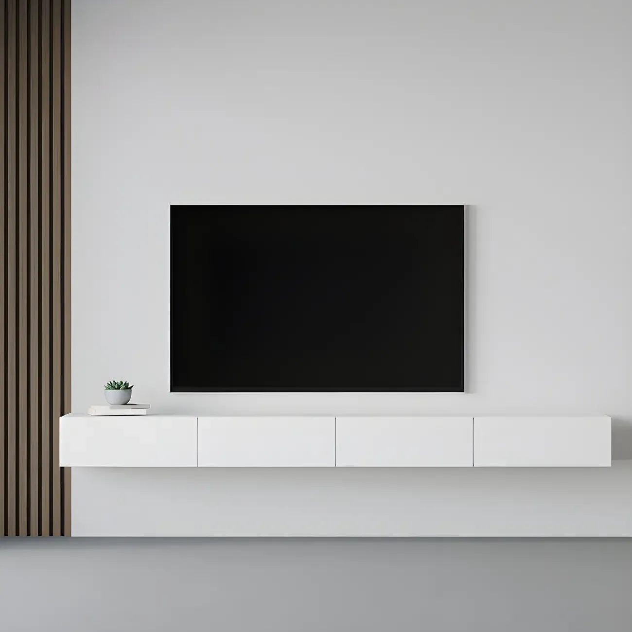 Meuble TV suspendu contemporain en bois blanc avec éclairage intégré