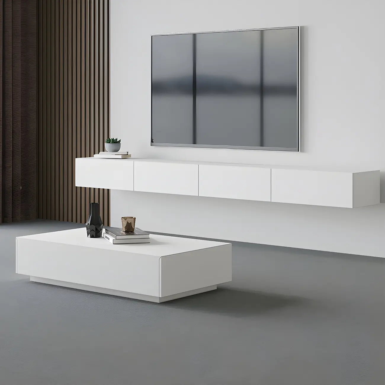 Meuble TV suspendu contemporain en bois blanc avec éclairage intégré