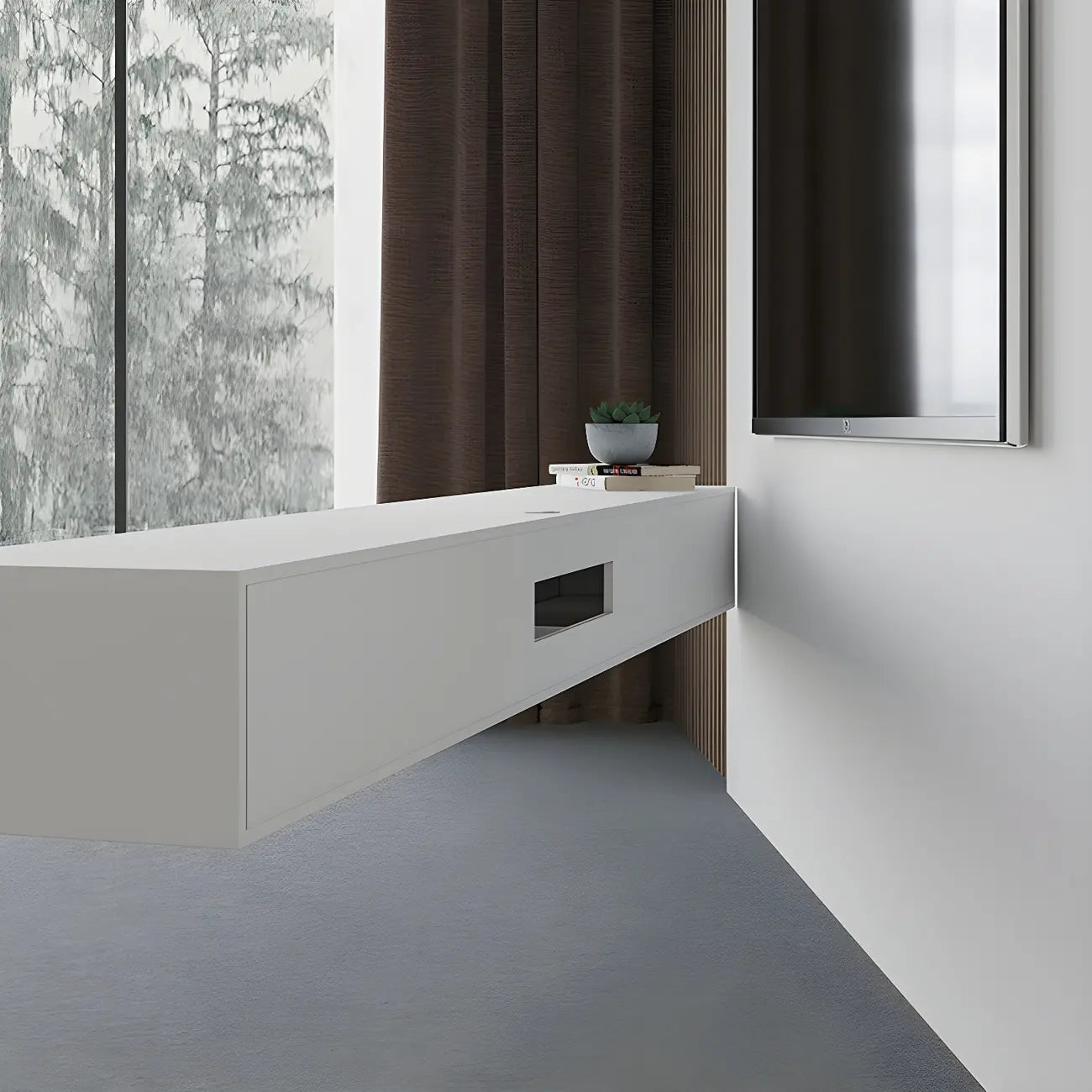 Meuble TV suspendu contemporain en bois blanc avec éclairage intégré