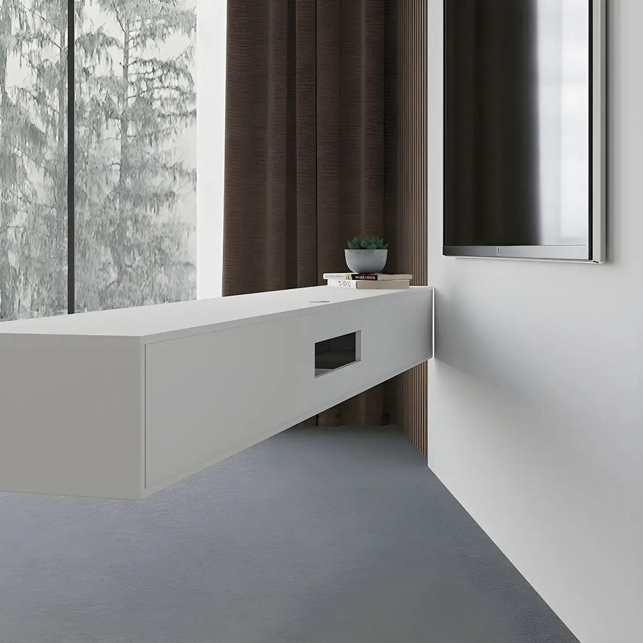 Meuble TV suspendu contemporain en bois blanc avec éclairage intégré