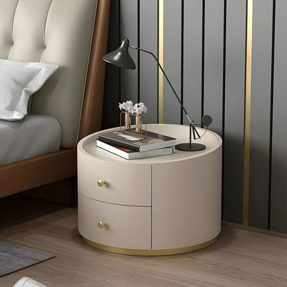 Table de chevet ronde Glam en bois manufacturé à 2 tiroirs