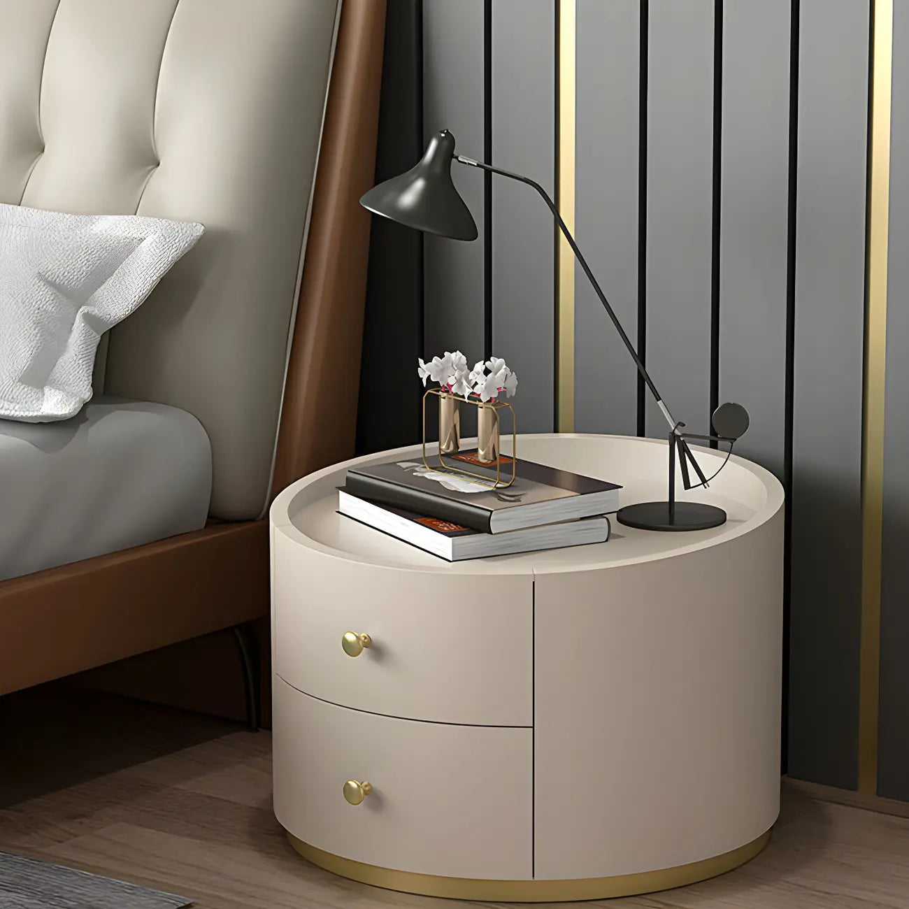Table de chevet ronde Glam en bois manufacturé à 2 tiroirs