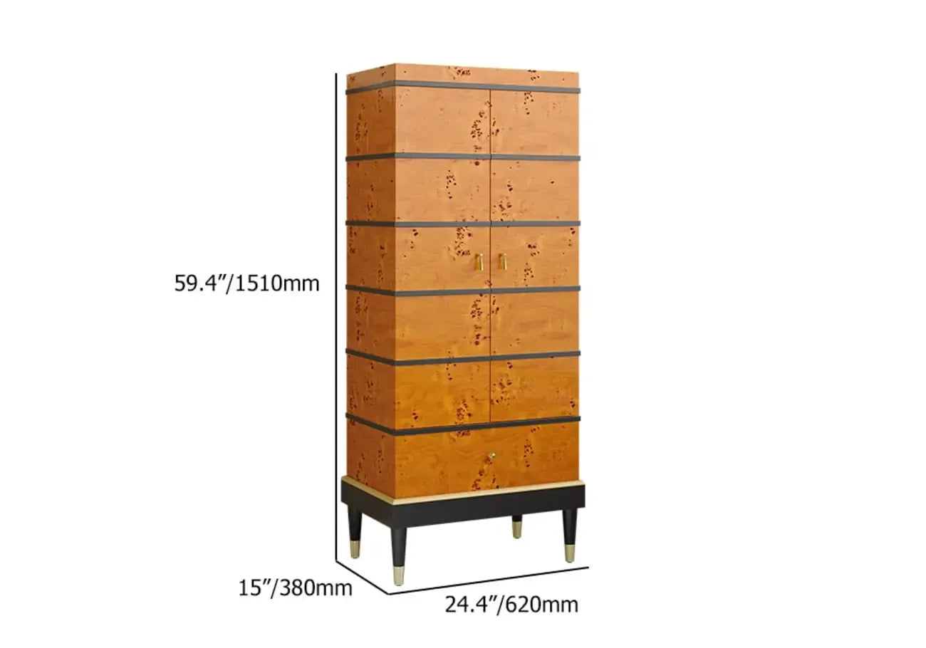 Meuble à vin rustique en loupe de bois avec tiroirs et porte-verres