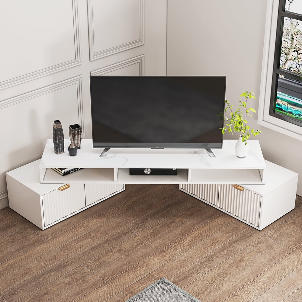 Meuble TV d'angle moderne blanc à 2 tiroirs avec rangement ouvert