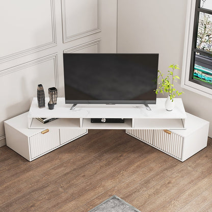 Meuble TV d'angle moderne blanc à 2 tiroirs avec rangement ouvert