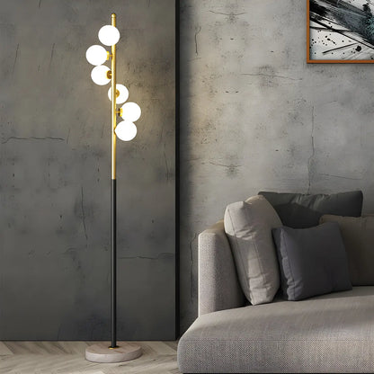 Lampadaire vertical moderne à 6 lumières en verre et métal incurvés