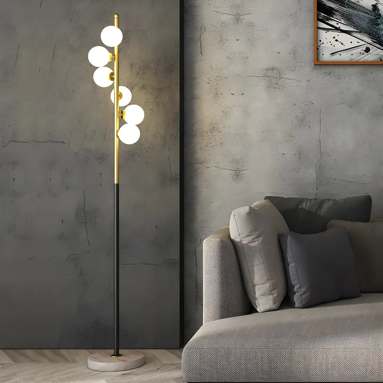 Lampadaire vertical moderne à 6 lumières en verre et métal incurvés