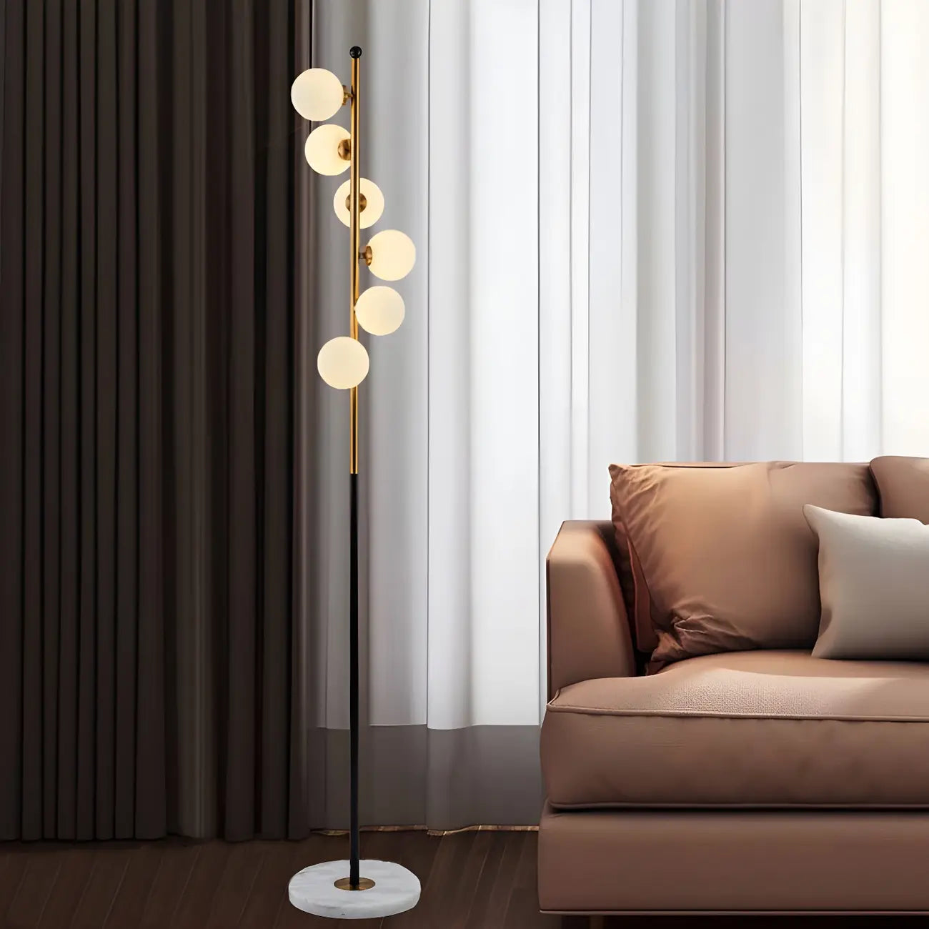 Lampadaire vertical moderne à 6 lumières en verre et métal incurvés
