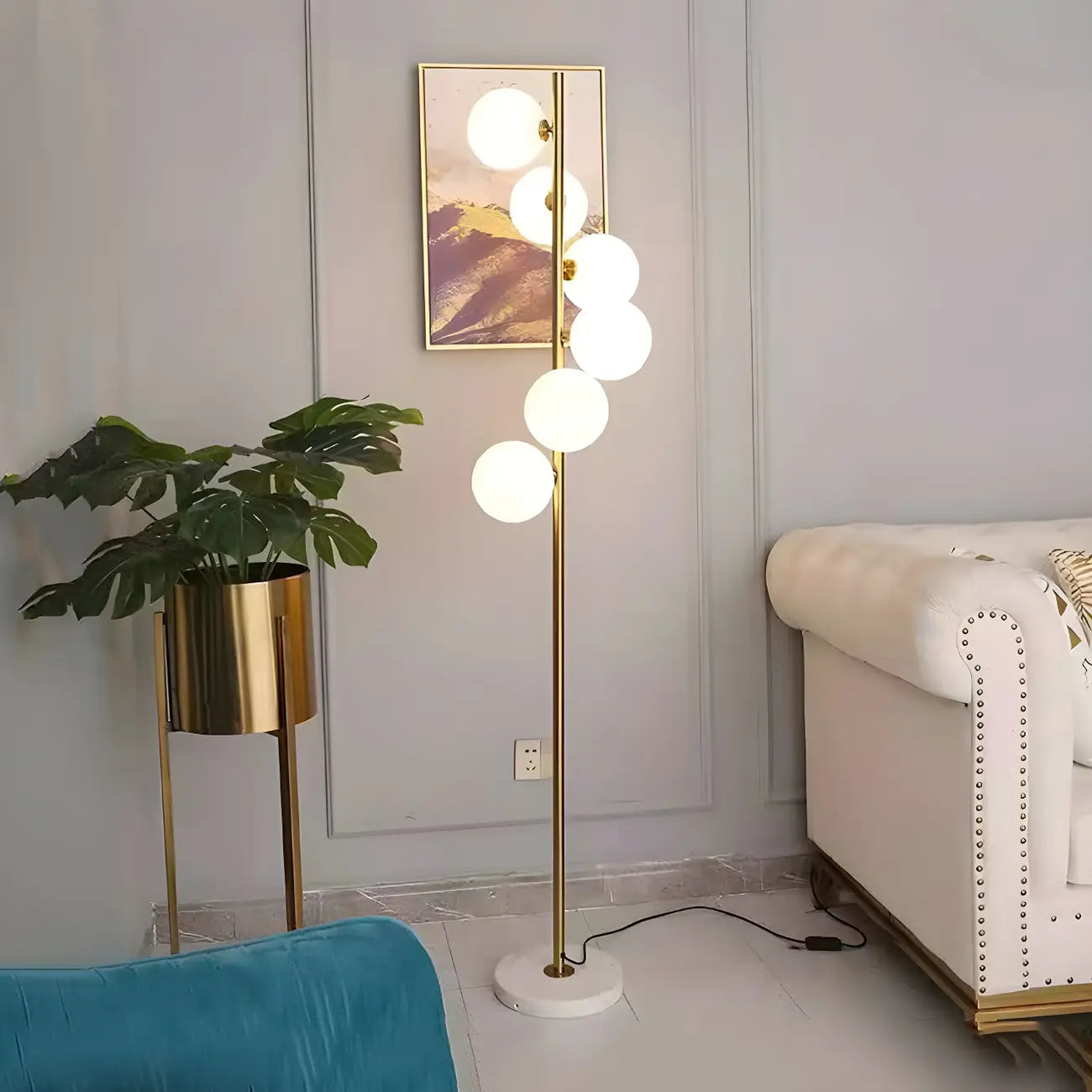 Lampadaire vertical moderne à 6 lumières en verre et métal incurvés