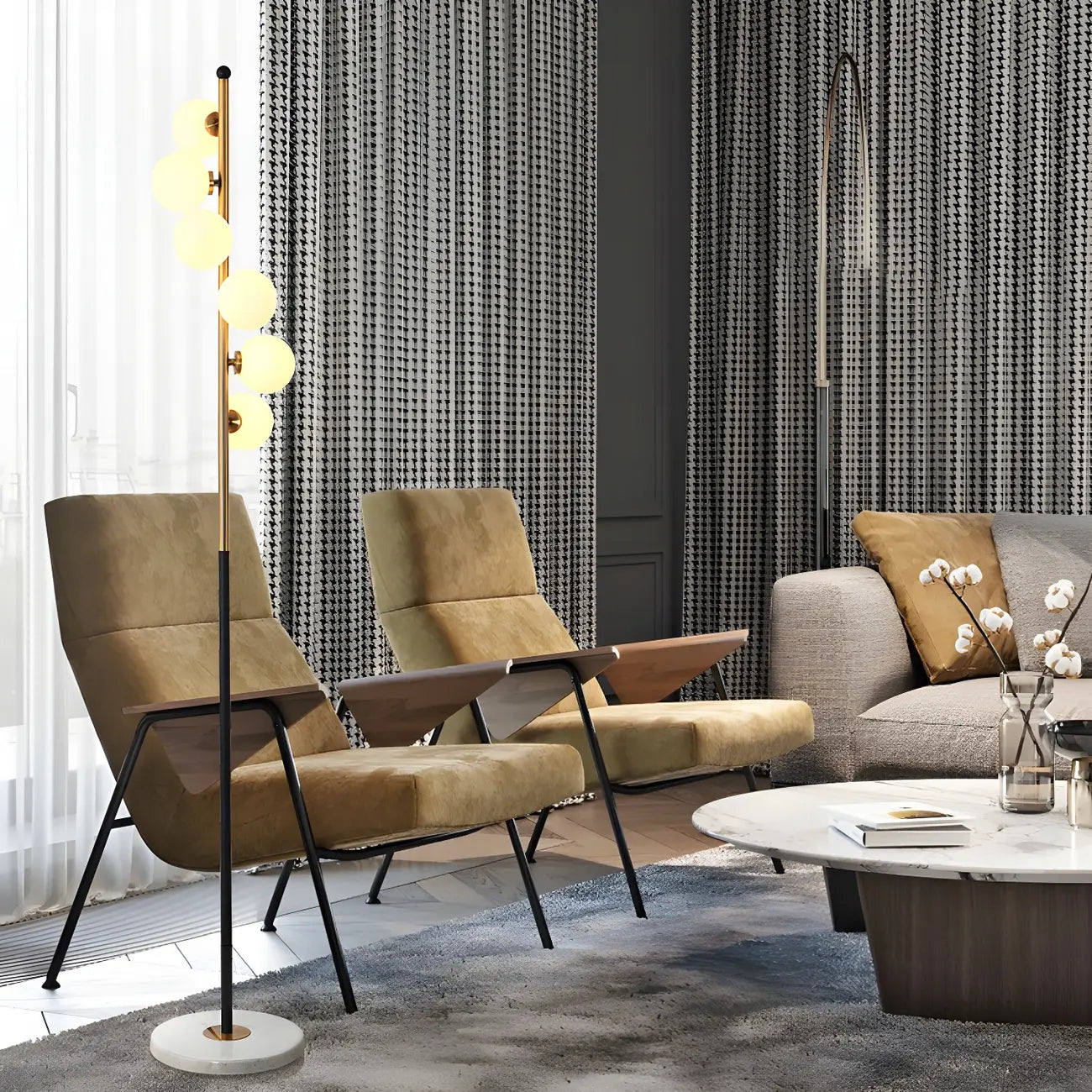 Lampadaire vertical moderne à 6 lumières en verre et métal incurvés