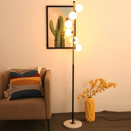 Lampadaire vertical moderne à 6 lumières en verre et métal incurvés