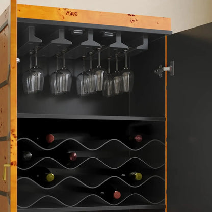 Meuble à vin rustique en loupe de bois avec tiroirs et porte-verres