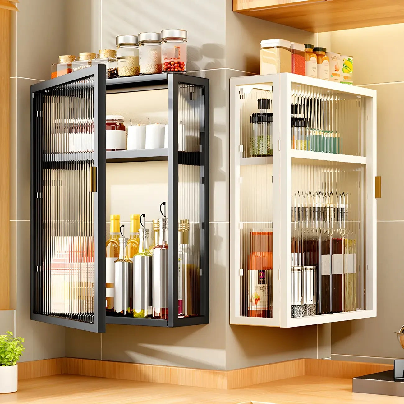 Cuisine moderne en métal noir, vaisselier suspendu