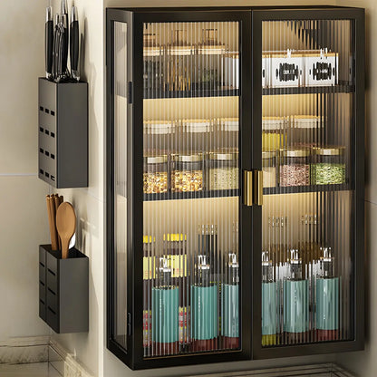 Cuisine moderne en métal noir, vaisselier suspendu