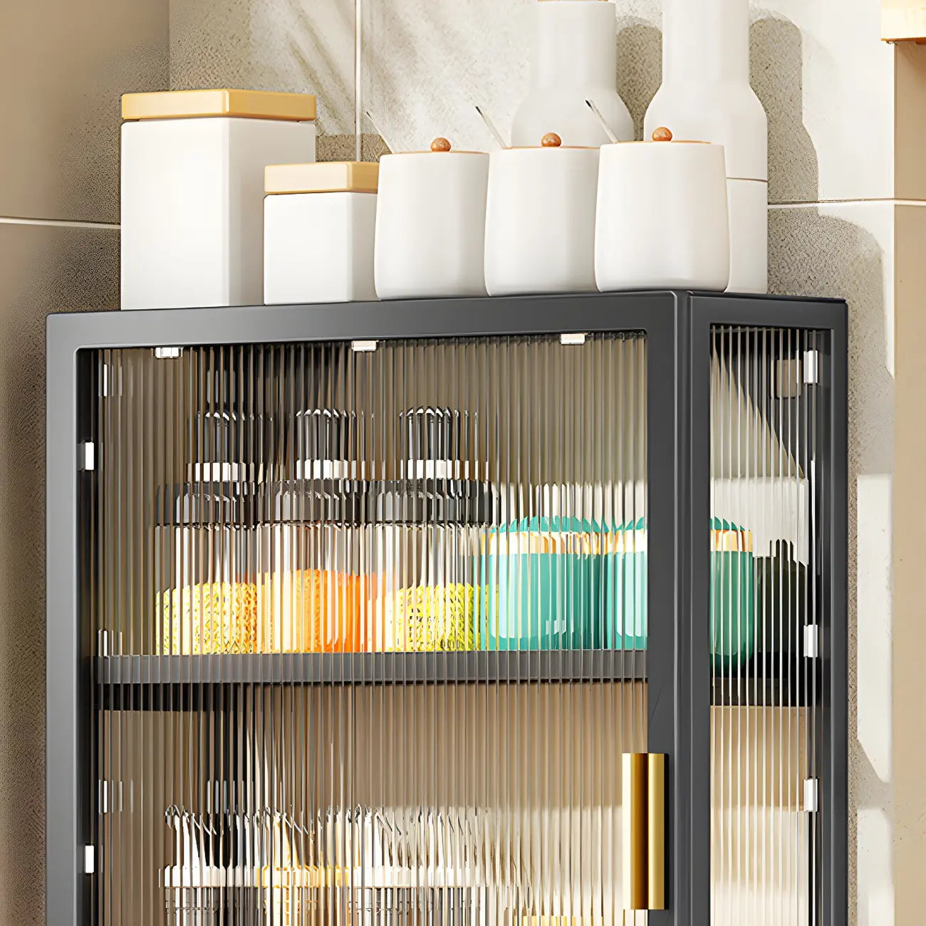 Cuisine moderne en métal noir, vaisselier suspendu