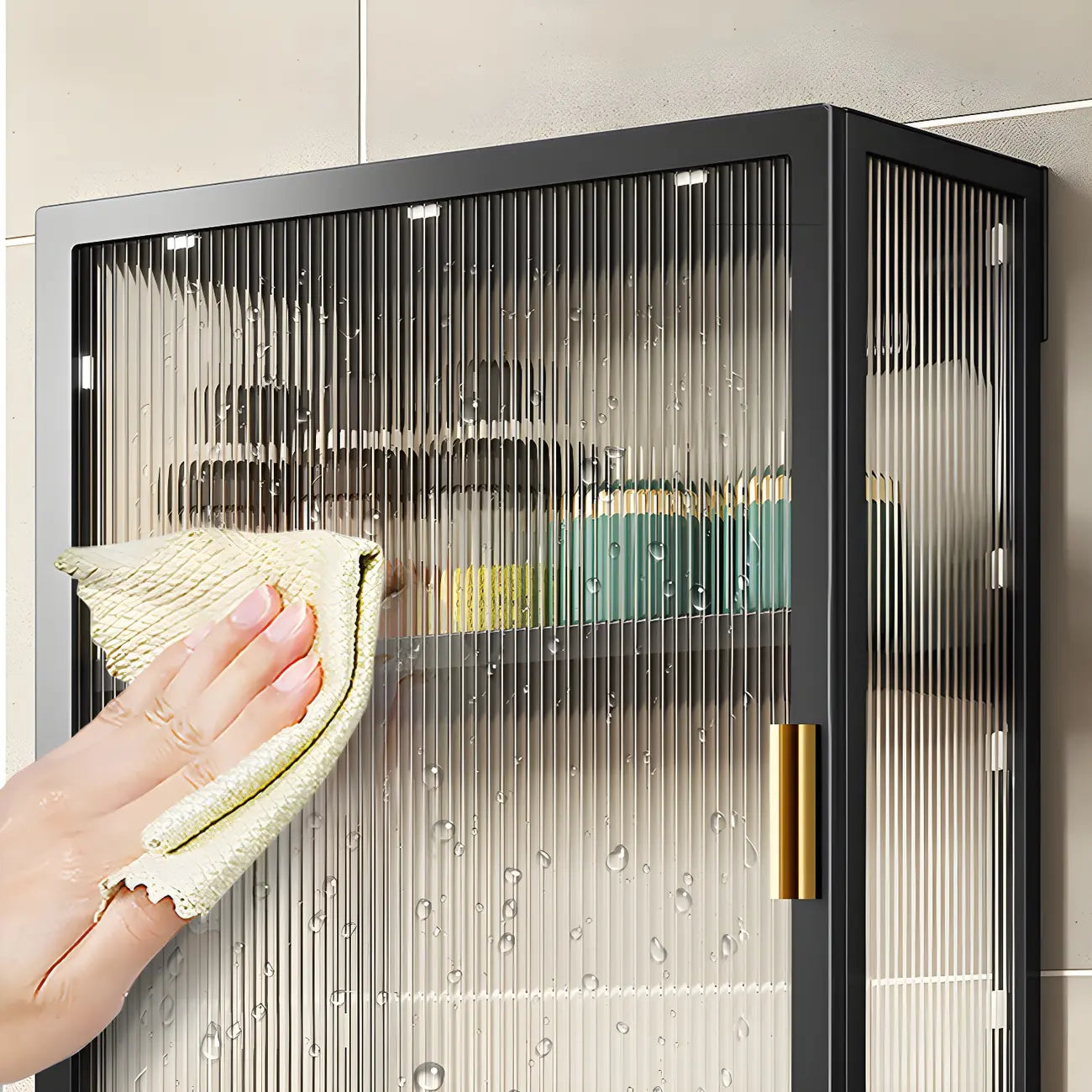 Cuisine moderne en métal noir, vaisselier suspendu