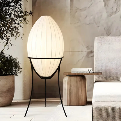 Lampe sur pied d'ambiance en forme d'œuf en tissu et en métal, trépied