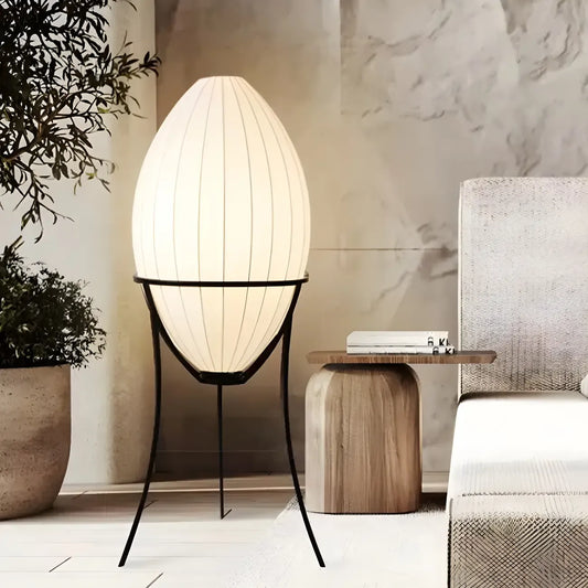 Lampe sur pied d'ambiance en forme d'œuf en tissu et en métal, trépied