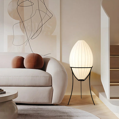 Lampe sur pied d'ambiance en forme d'œuf en tissu et en métal, trépied