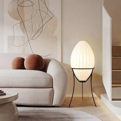 Lampe sur pied d'ambiance en forme d'œuf en tissu et en métal, trépied