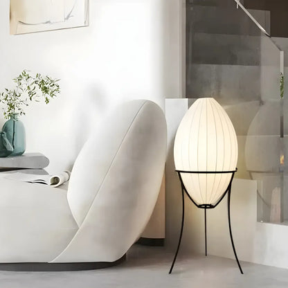 Lampe sur pied d'ambiance en forme d'œuf en tissu et en métal, trépied