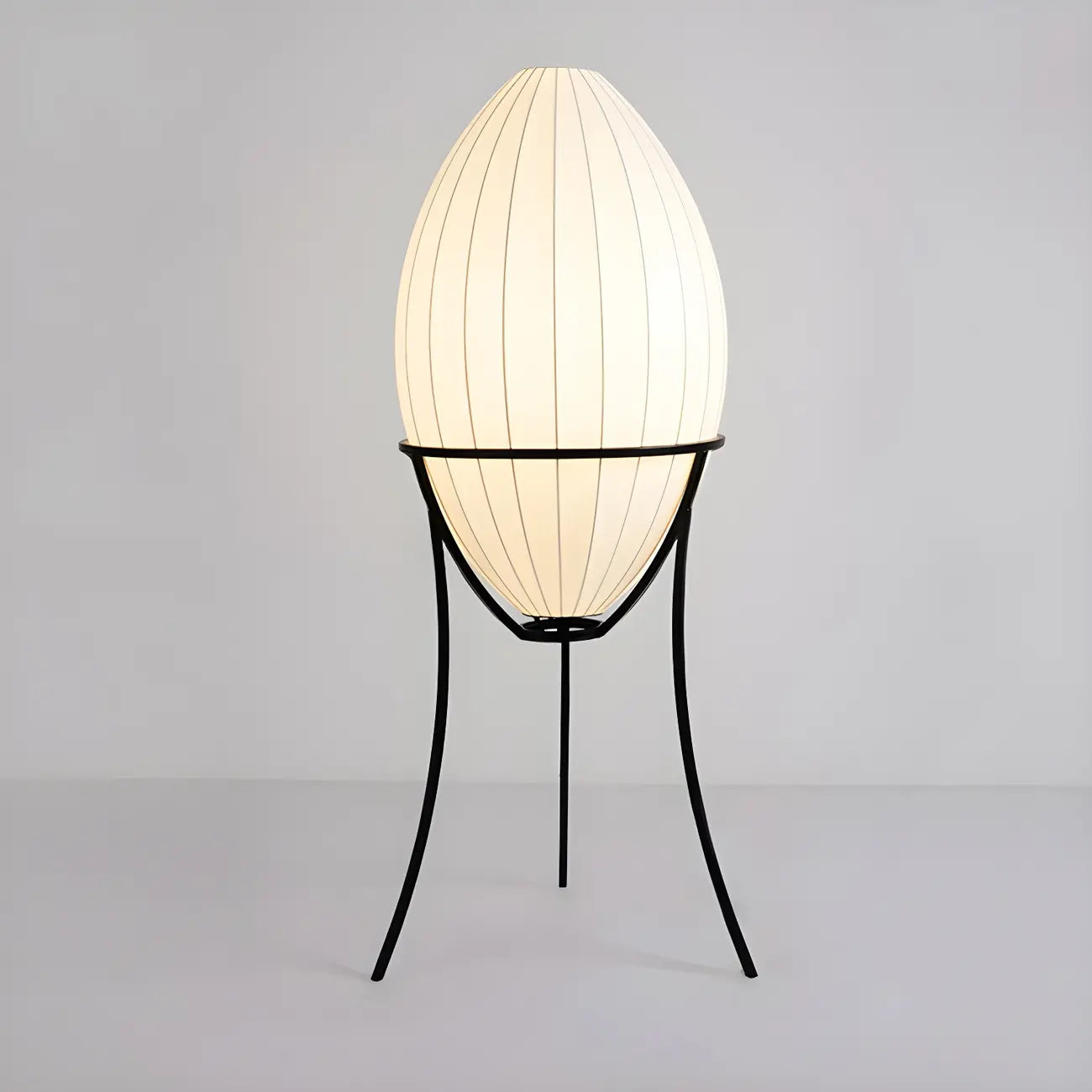 Lampe sur pied d'ambiance en forme d'œuf en tissu et en métal, trépied