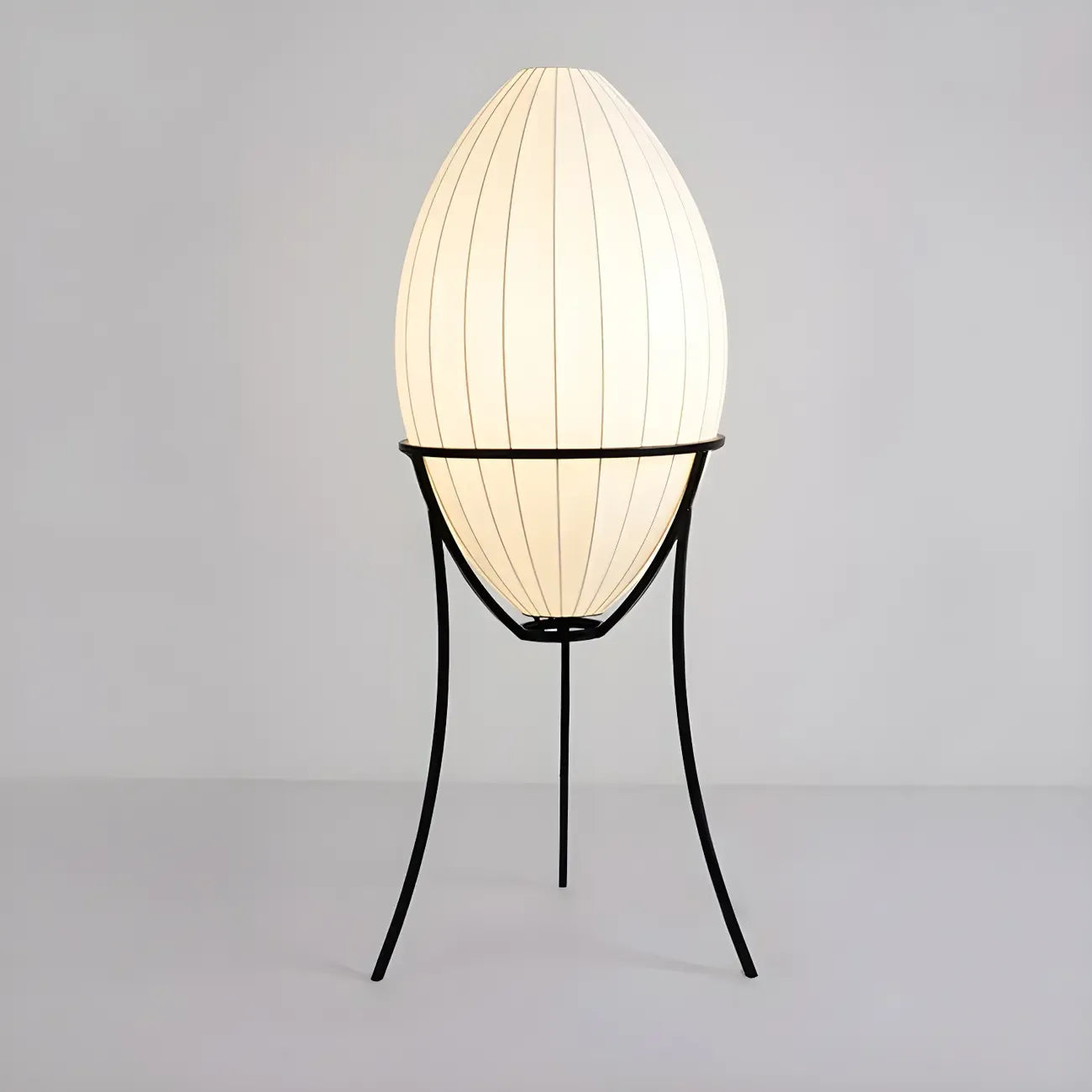 Lampe sur pied d'ambiance en forme d'œuf en tissu et en métal, trépied