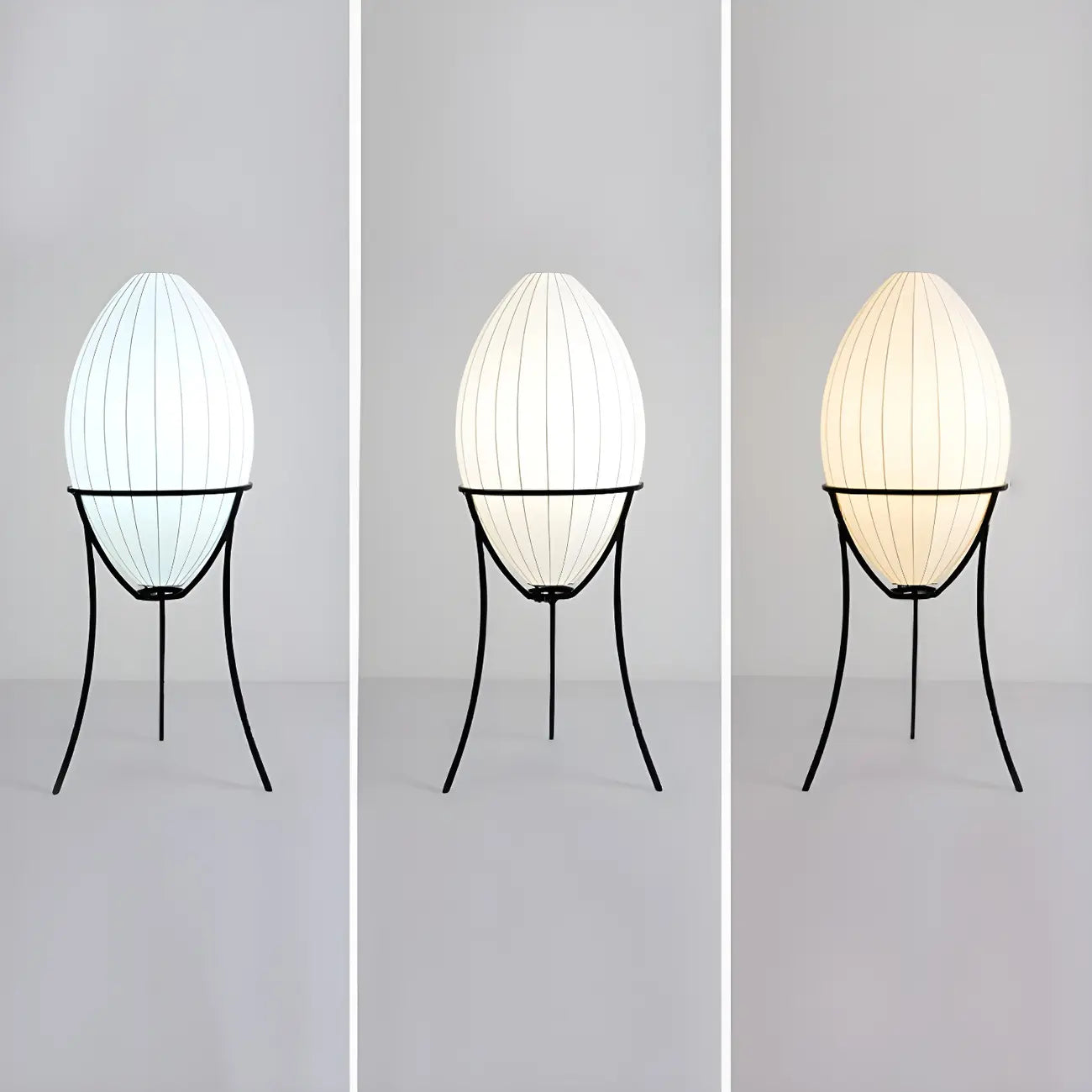 Lampe sur pied d'ambiance en forme d'œuf en tissu et en métal, trépied