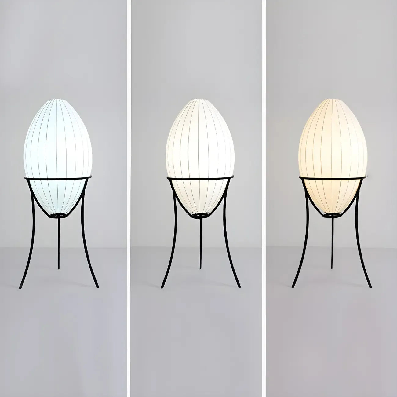 Lampe sur pied d'ambiance en forme d'œuf en tissu et en métal, trépied
