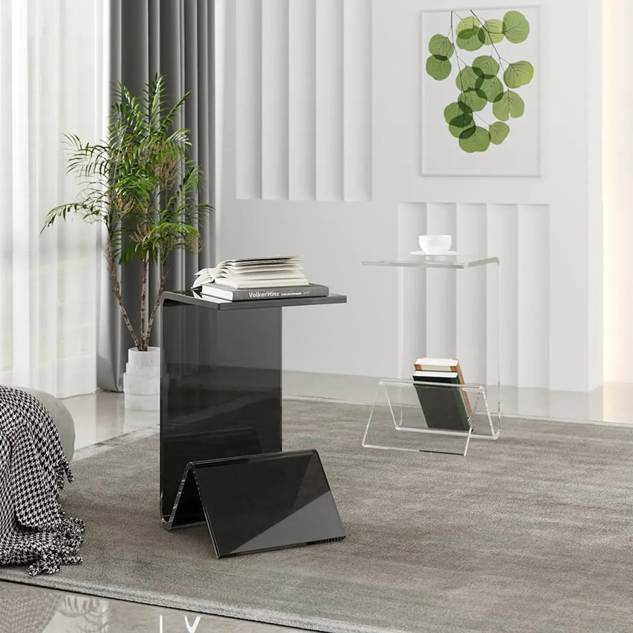 Table d'appoint abstraite en acrylique en forme de C, noir/transparent