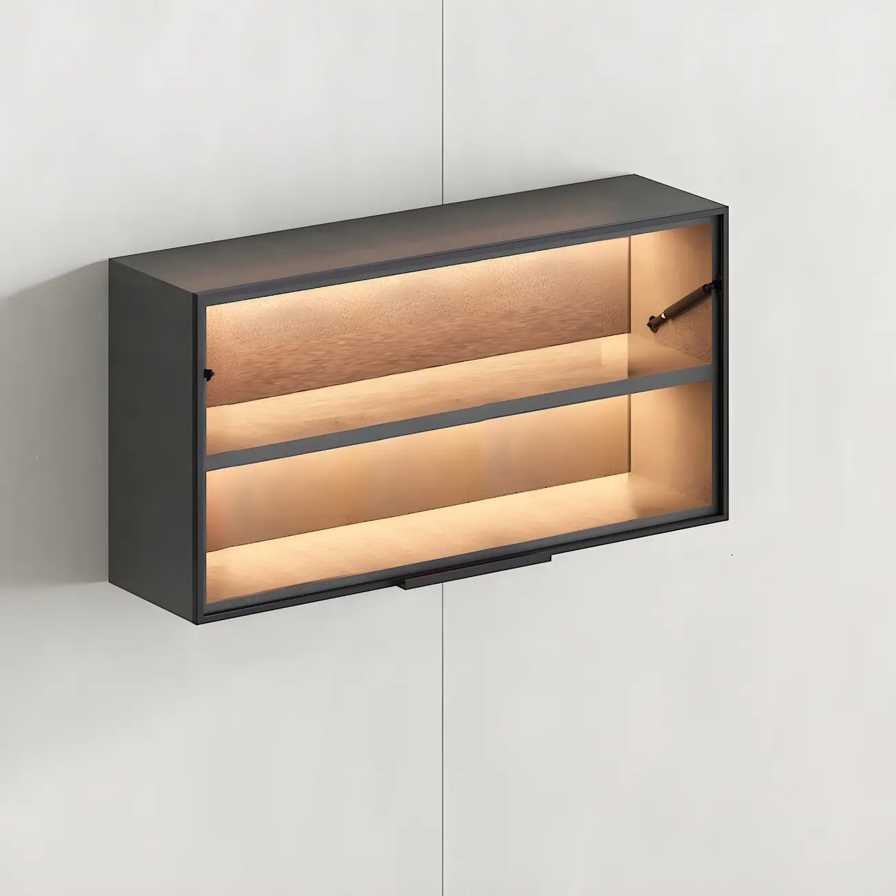 Vitrine murale noire en bois à 2 cubes avec éclairage