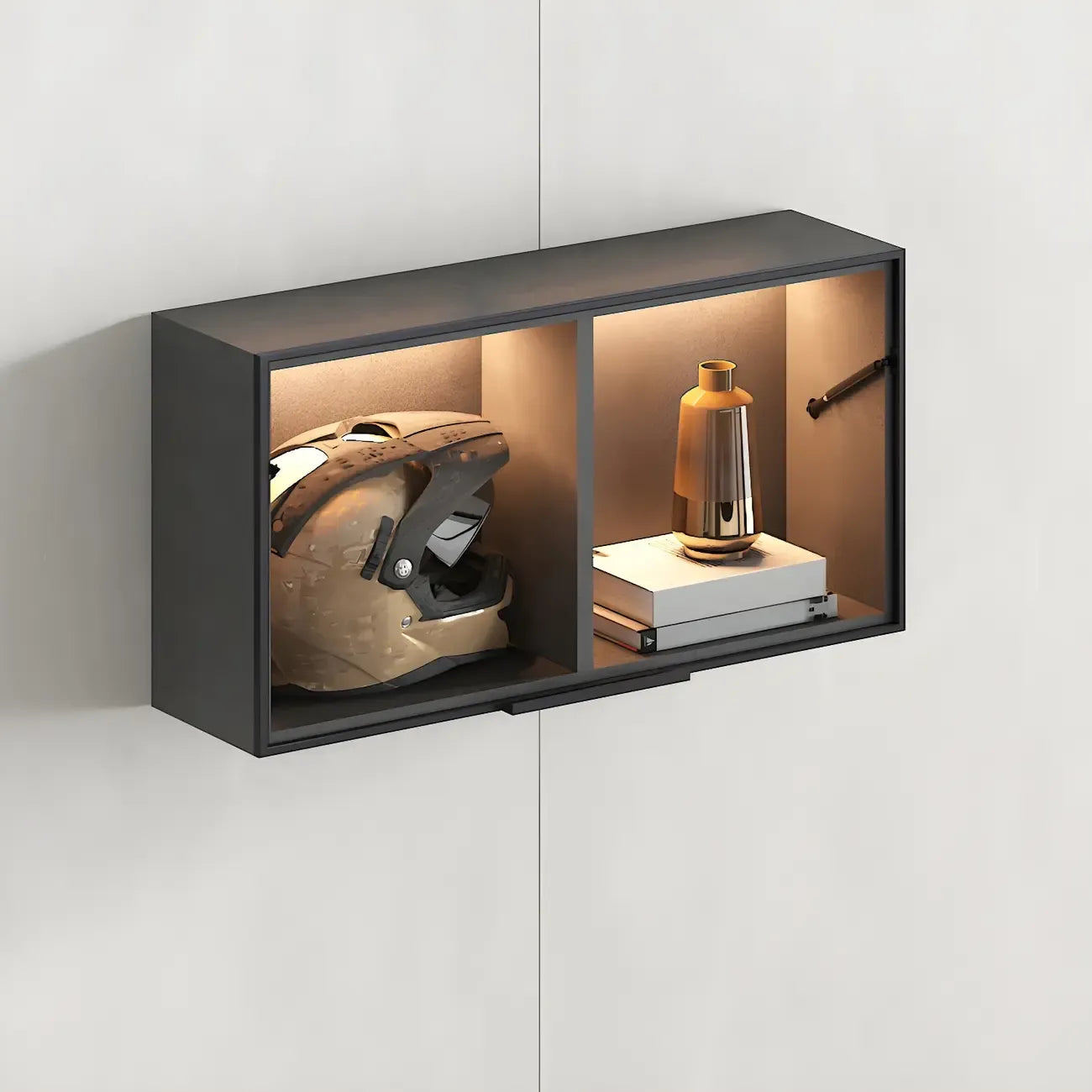 Vitrine murale noire en bois à 2 cubes avec éclairage