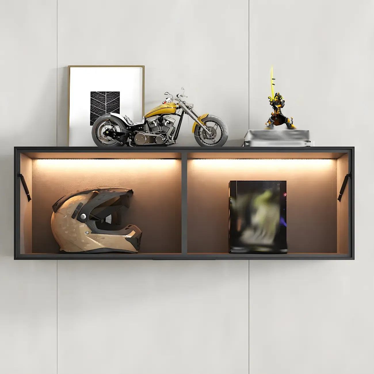 Vitrine murale noire en bois à 2 cubes avec éclairage