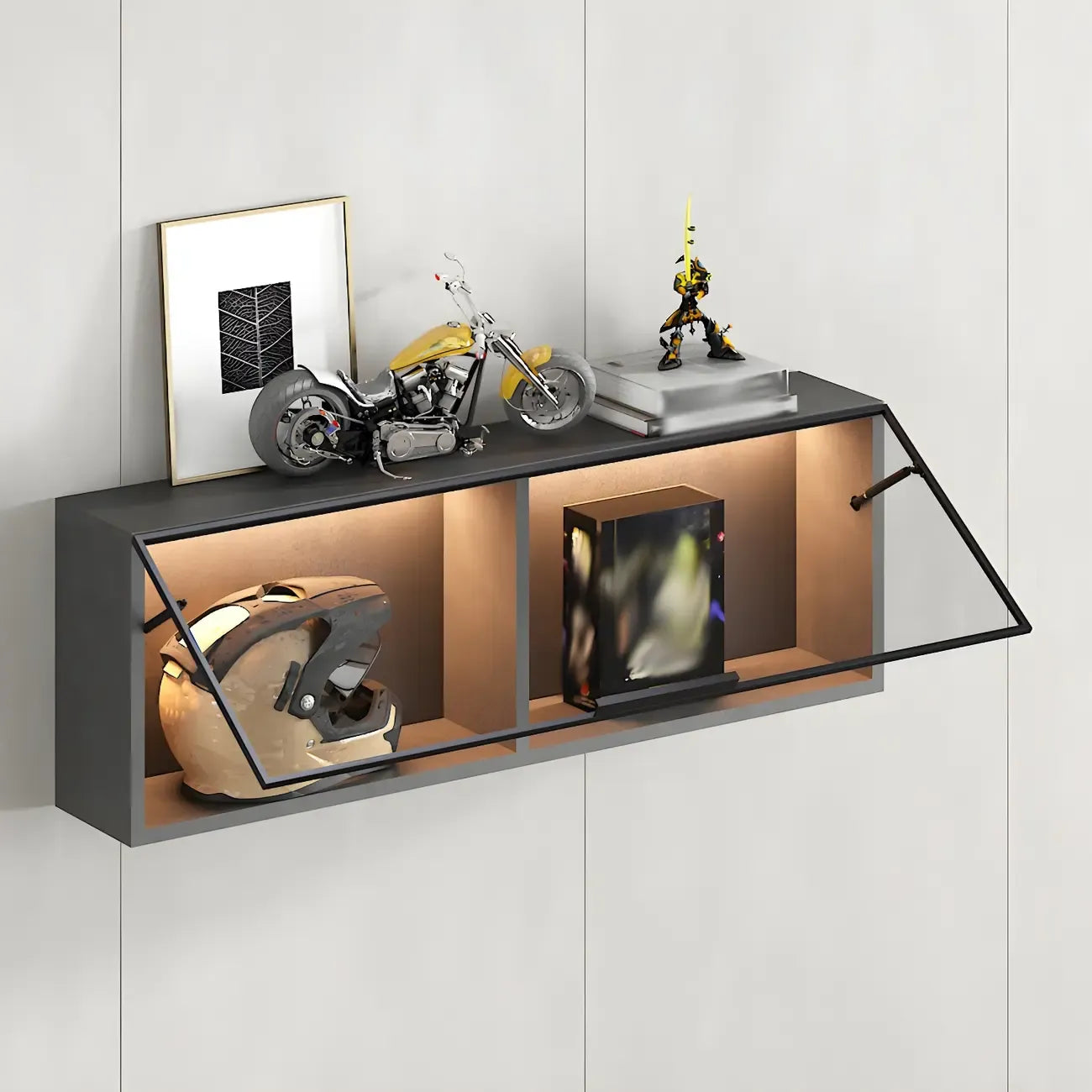 Vitrine murale noire en bois à 2 cubes avec éclairage