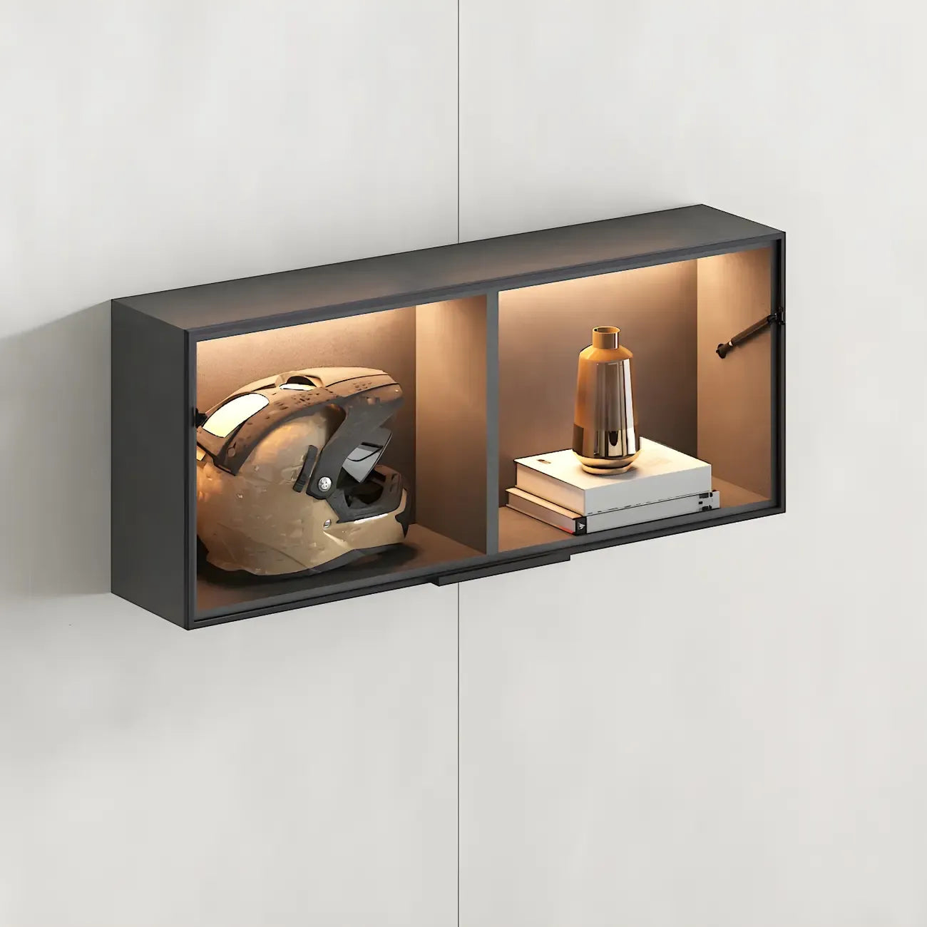 Vitrine murale noire en bois à 2 cubes avec éclairage