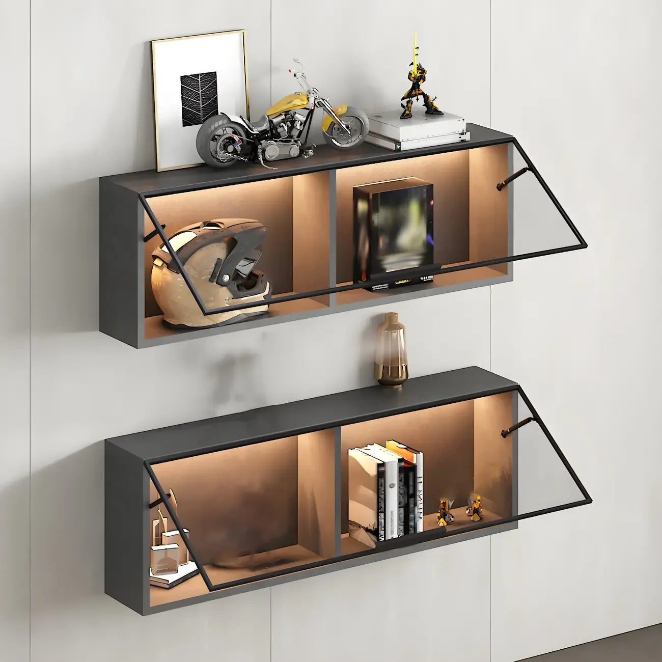 Vitrine murale noire en bois à 2 cubes avec éclairage