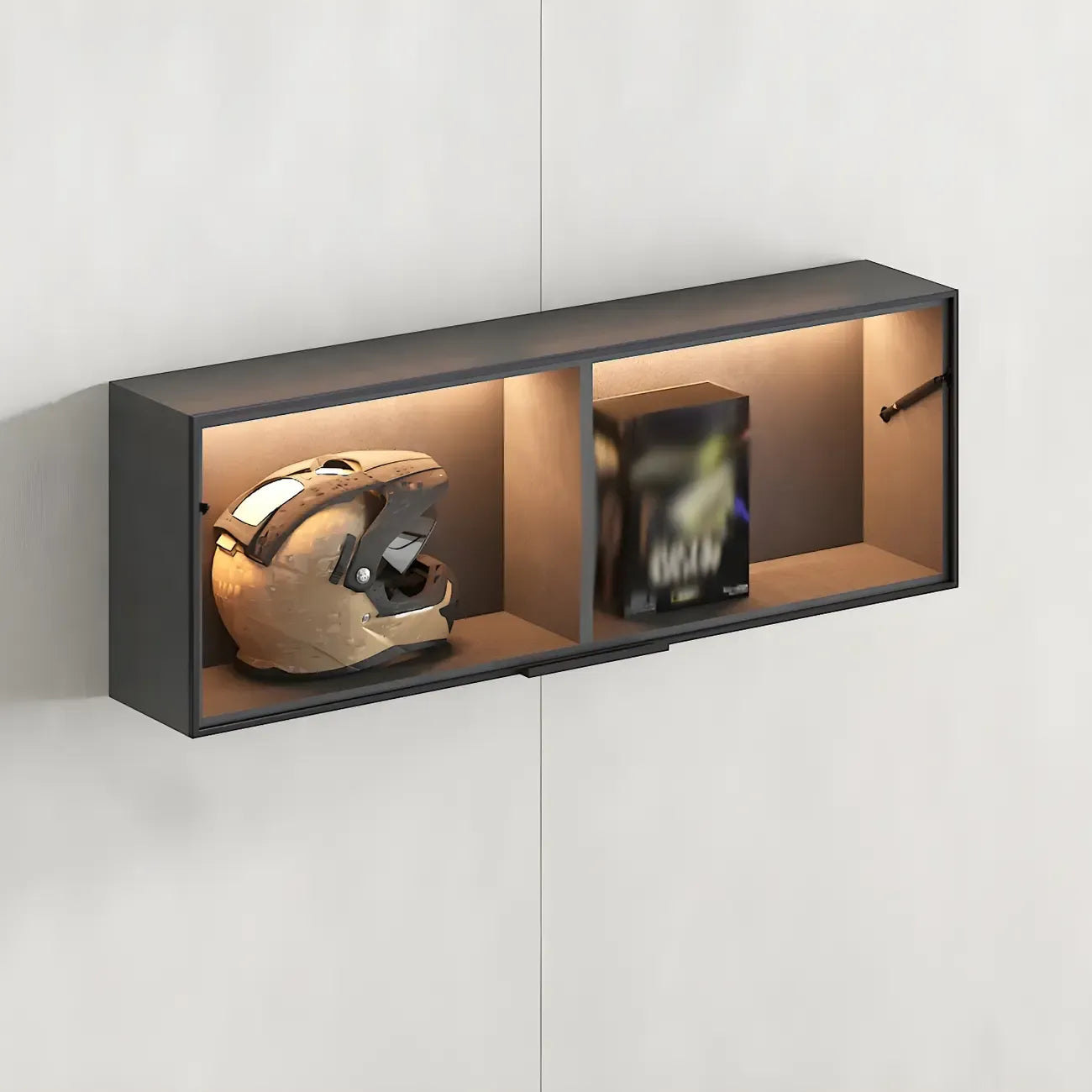 Vitrine murale noire en bois à 2 cubes avec éclairage