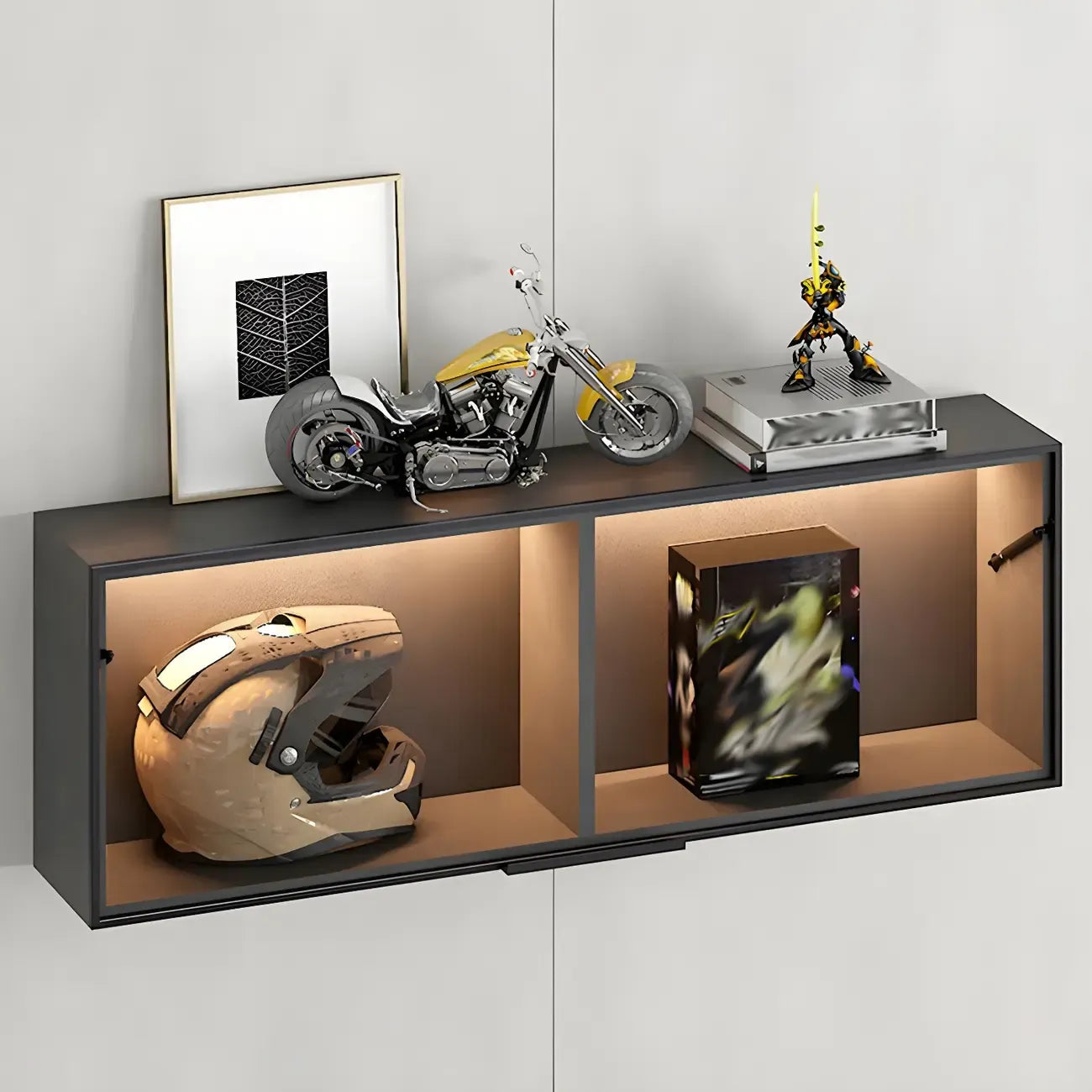 Vitrine murale noire en bois à 2 cubes avec éclairage
