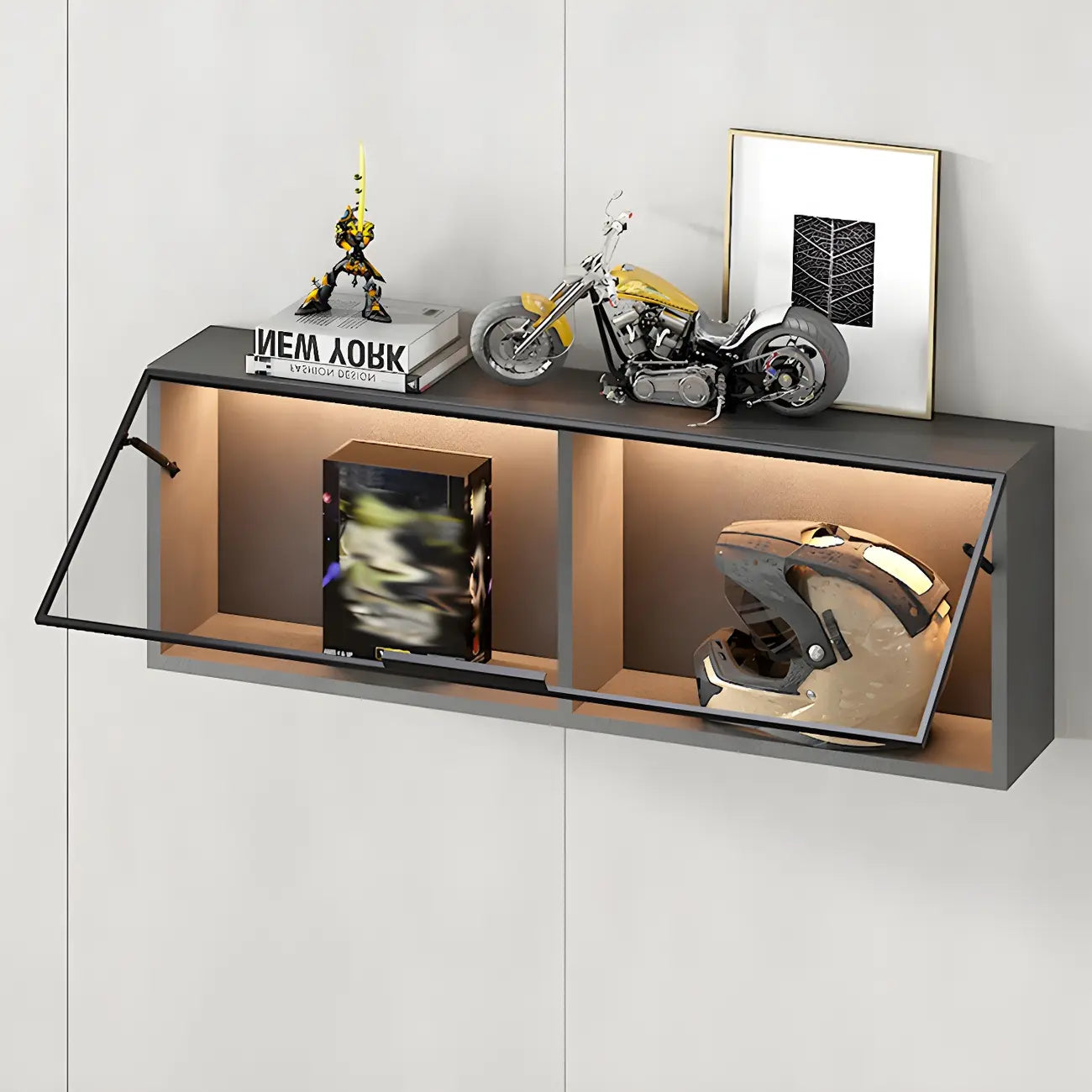 Vitrine murale noire en bois à 2 cubes avec éclairage