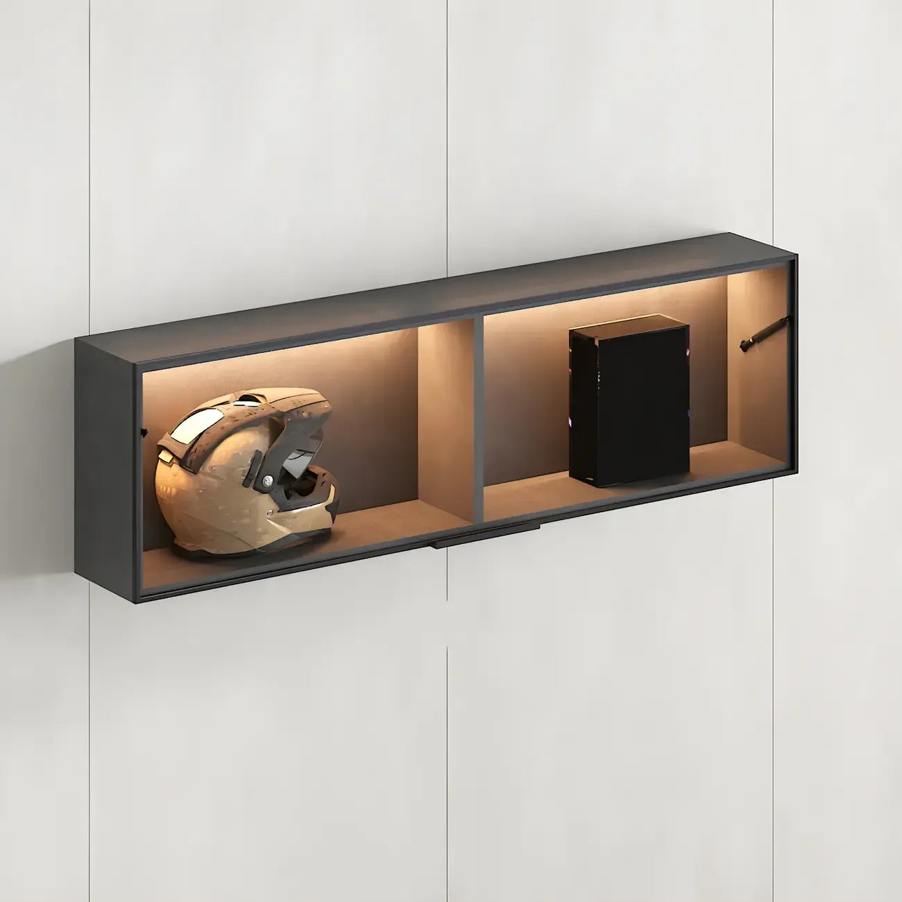 Vitrine murale noire en bois à 2 cubes avec éclairage