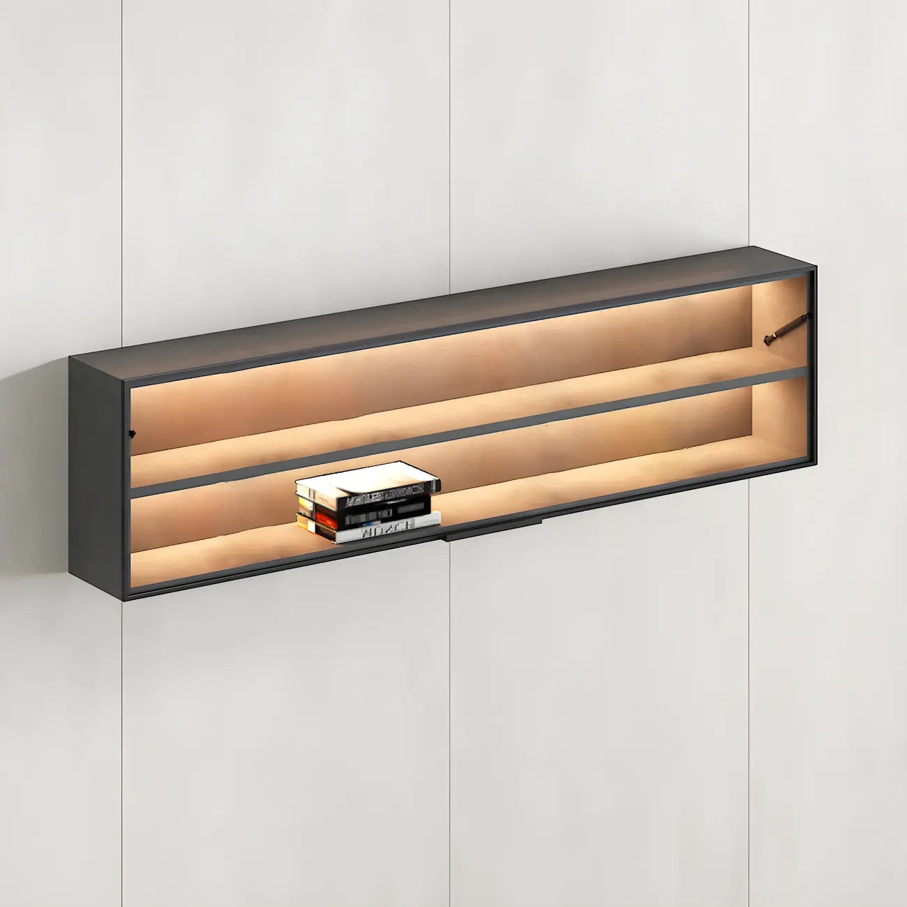 Vitrine murale noire en bois à 2 cubes avec éclairage