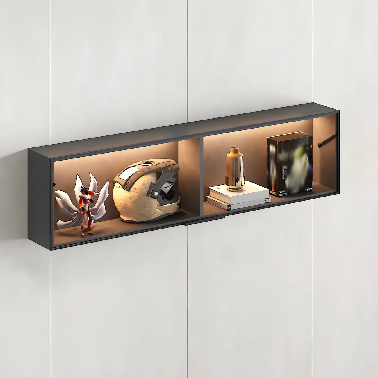 Vitrine murale noire en bois à 2 cubes avec éclairage