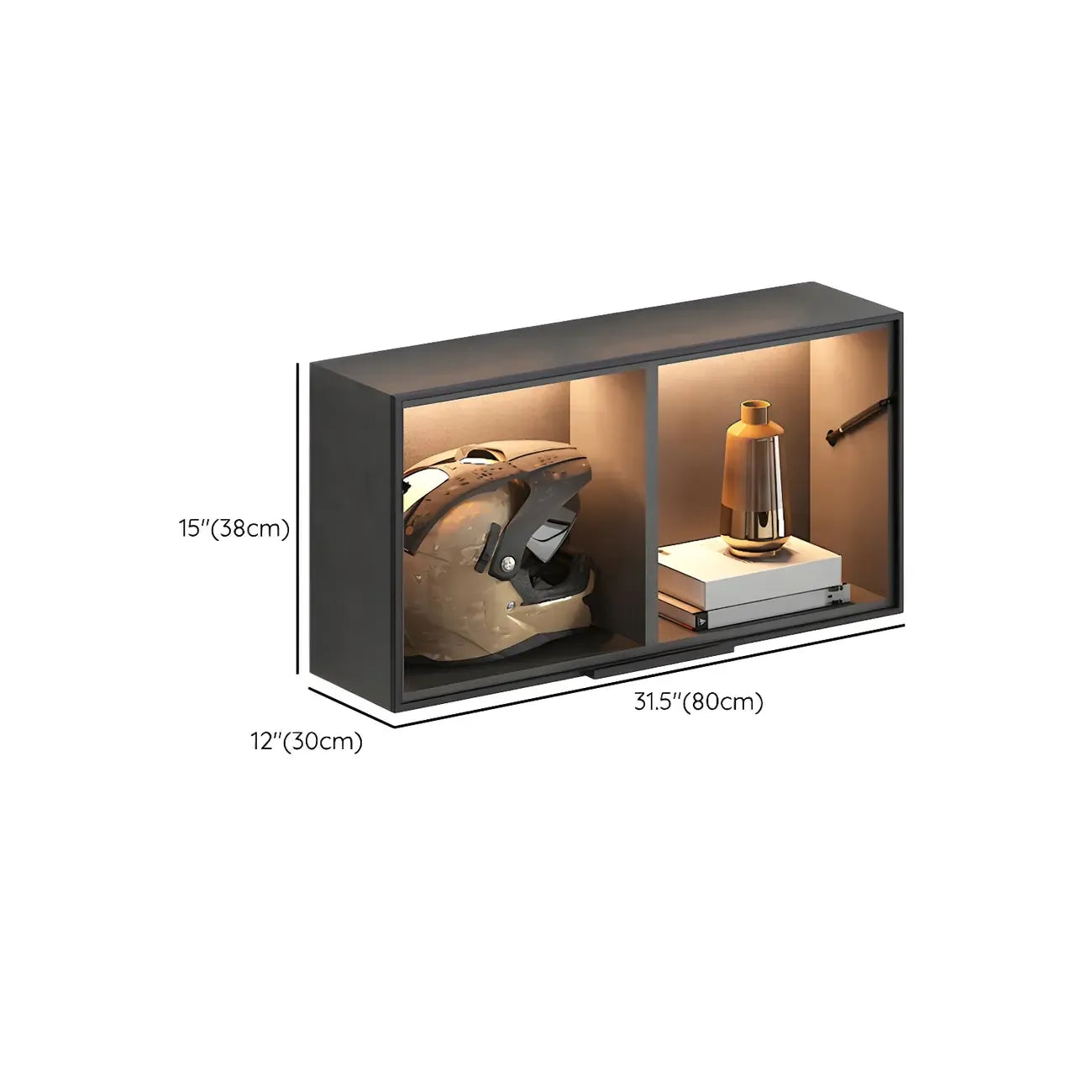 Vitrine murale noire en bois à 2 cubes avec éclairage