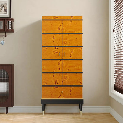 Meuble à vin rustique en loupe de bois avec tiroirs et porte-verres