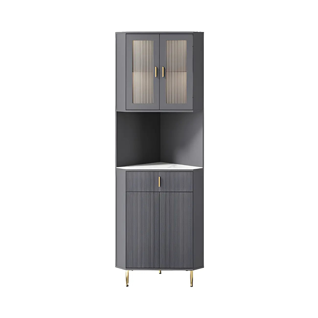 Meuble d'angle de rangement moderne en bois blanc crème et accents dorés