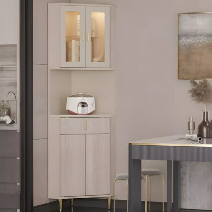 Meuble d'angle de rangement moderne en bois blanc crème et accents dorés